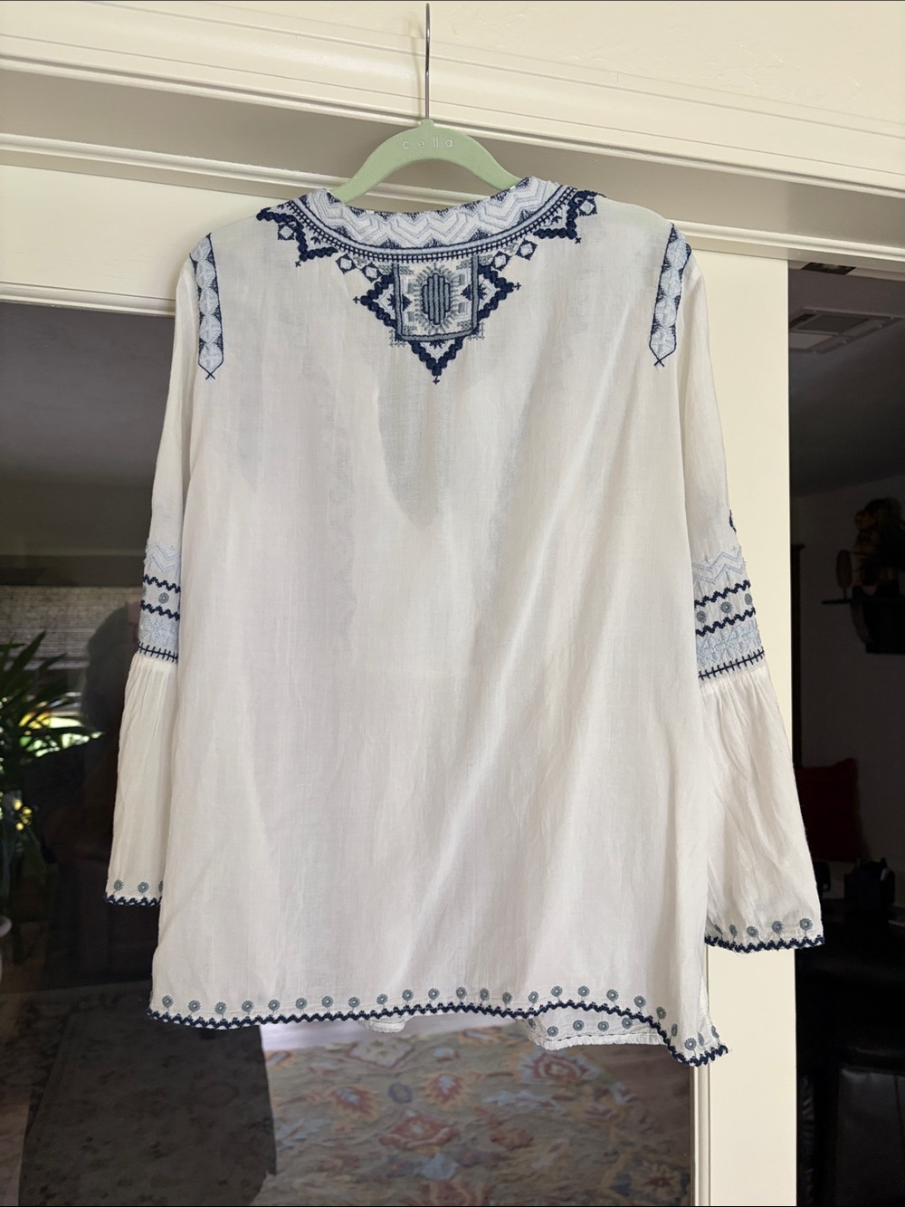 Johnny Was White Tunic with Navy & Light Blue Embroidery - Picture 2 of 4